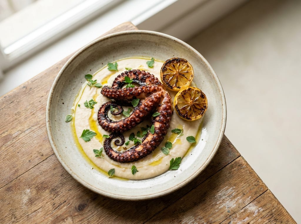 Grilled Octopus with White Bean Puree and Charred Lemon