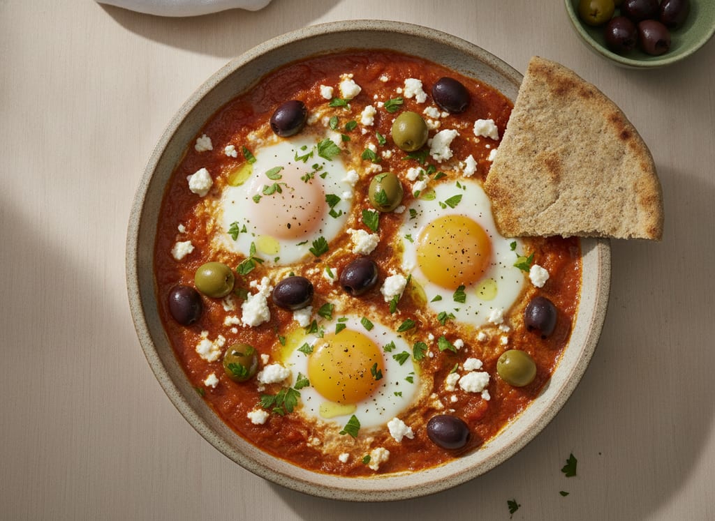 Tomato Baked Eggs with Feta and Olives