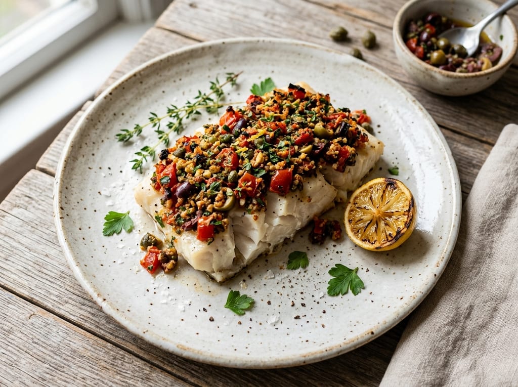 Baked Cod with Tomato and Olive Tapenade Crust
