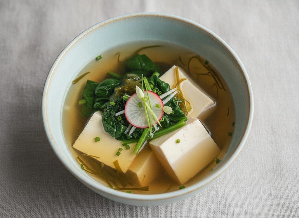 Spinach and Tofu Sumashi Soup with Silken Delicacy