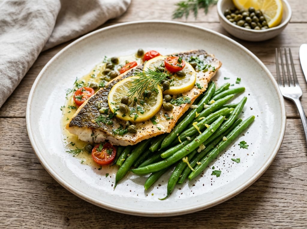 Sea Bass Fillet with Lemon, Capers, and Green Beans