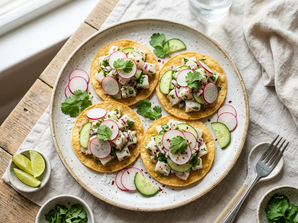 Ceviche Tostadas with Radish and Cucumber