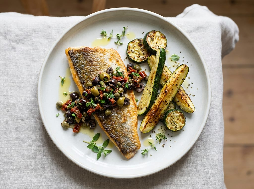 Pan-Seared Sea Bass with Olive Tapenade and Roasted Zucchini