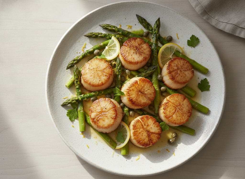Sautéed Scallops with Lemon Capers and Asparagus