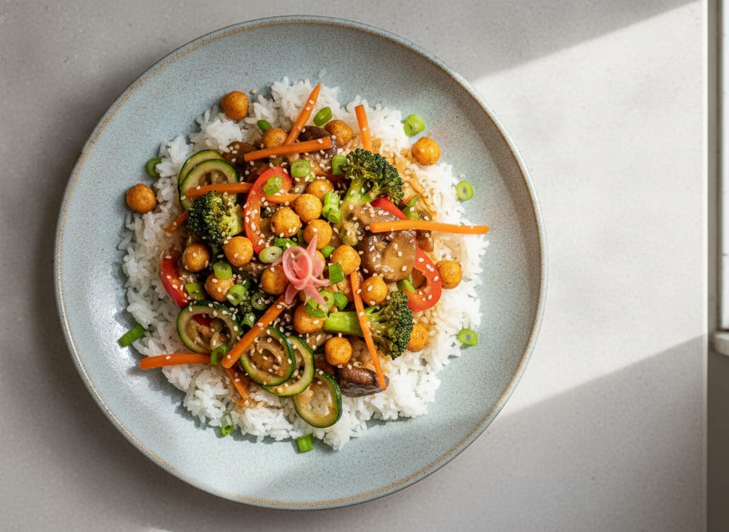 Vegetable Donburi with Sesame-Ginger Sauce