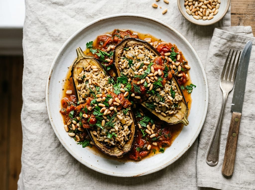Stuffed Eggplant with Tomato and Herb Sauce