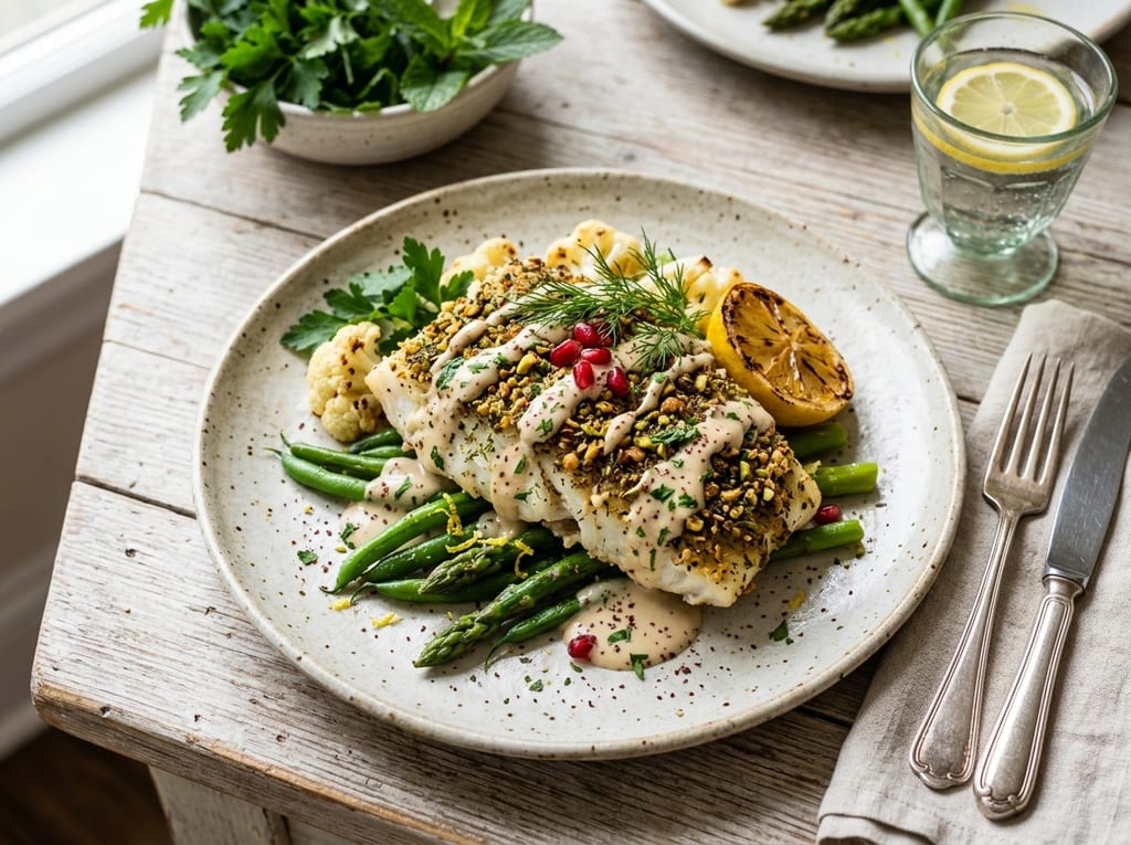 Herb-Crusted Baked White Fish with Tahini Drizzle