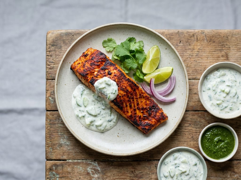 Indian Tandoori Salmon with Cucumber Raita
