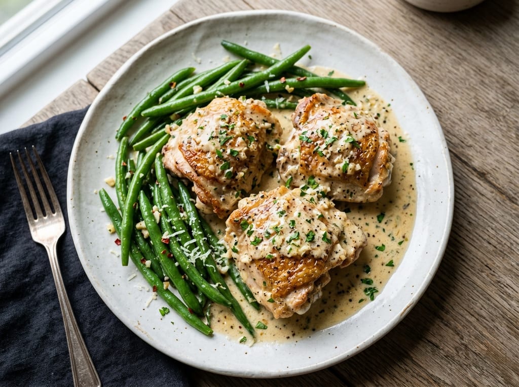 Creamy Garlic Parmesan Chicken Thighs with Green Beans