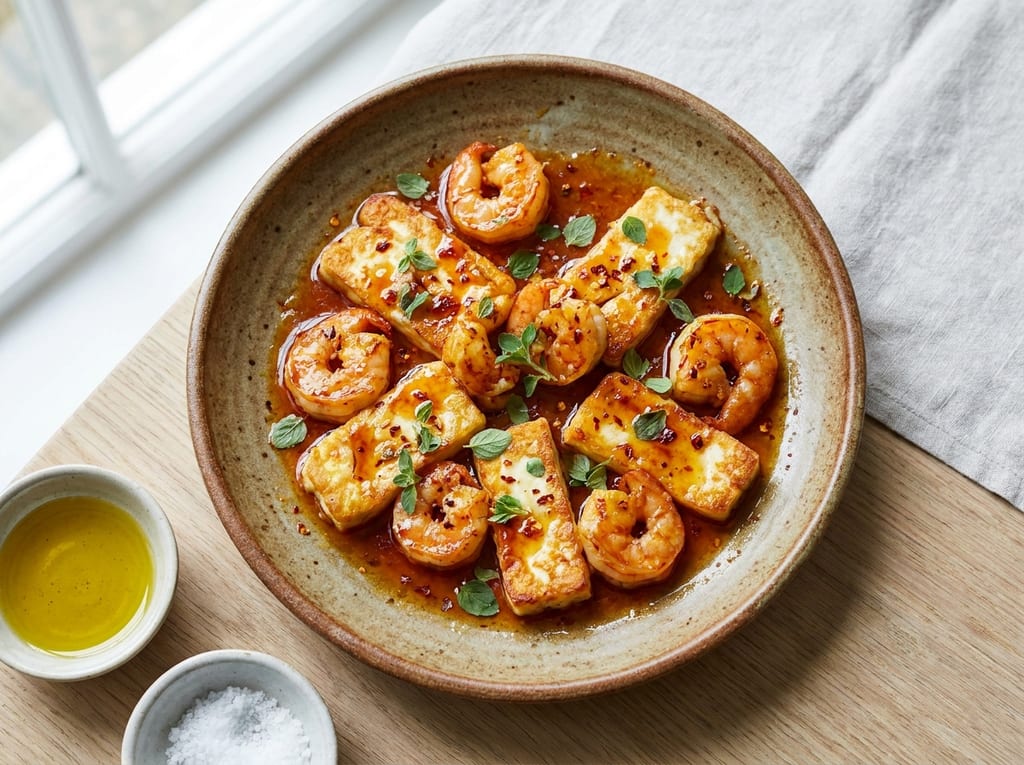 Baked Halloumi and Prawn Saganaki with Chilli Honey