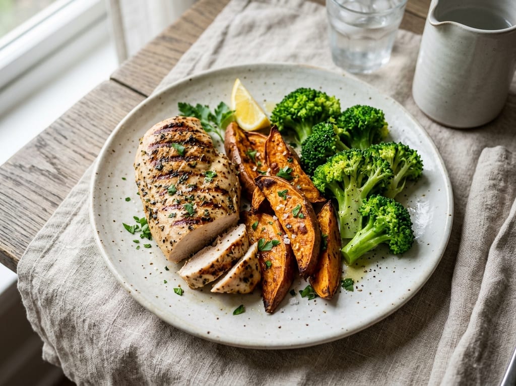 Grilled Chicken Breast with Sweet Potato and Broccoli