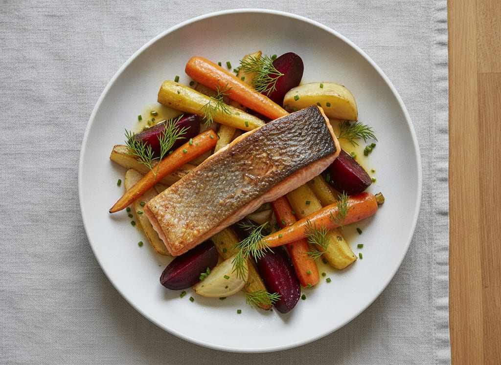 Crispy Skin Salmon with Roasted Root Vegetables