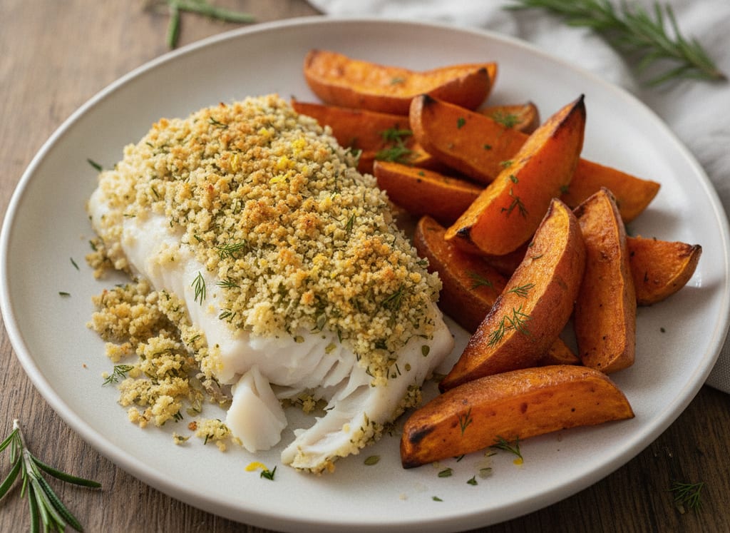 Baked Cod with Herb Crust and Sweet Potato