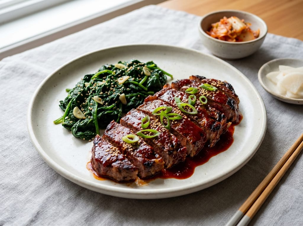 Korean Gochujang Beef Ribeye with Sesame Spinach
