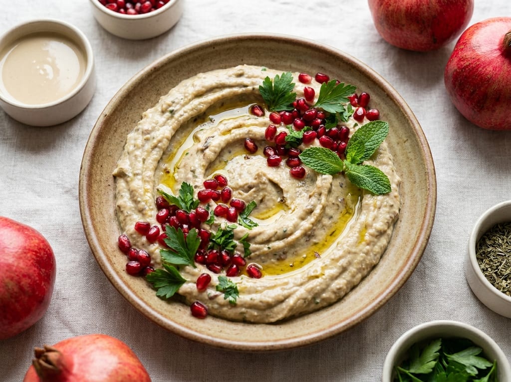 Roasted Eggplant and Tahini Dip with Pomegranate